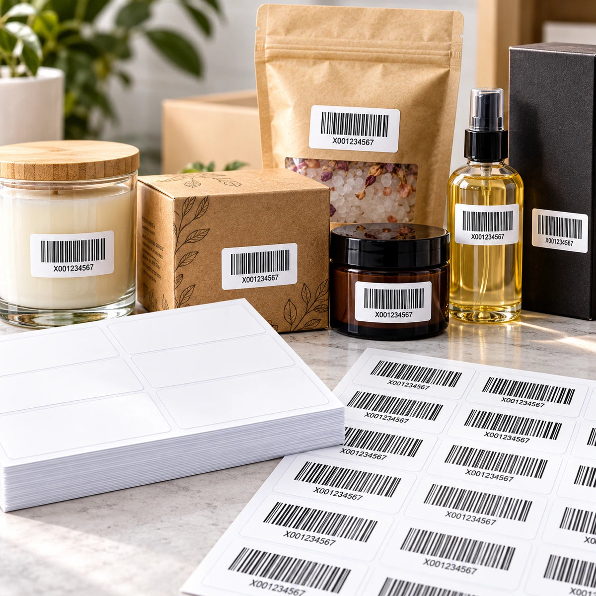 Amazon FNSKU barcode labels applied to individual retail products, with blank A4 label sheets and printed barcode stickers for Amazon FBA sellers.