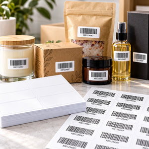Amazon FNSKU barcode labels applied to individual retail products, with blank A4 label sheets and printed barcode stickers for Amazon FBA sellers.