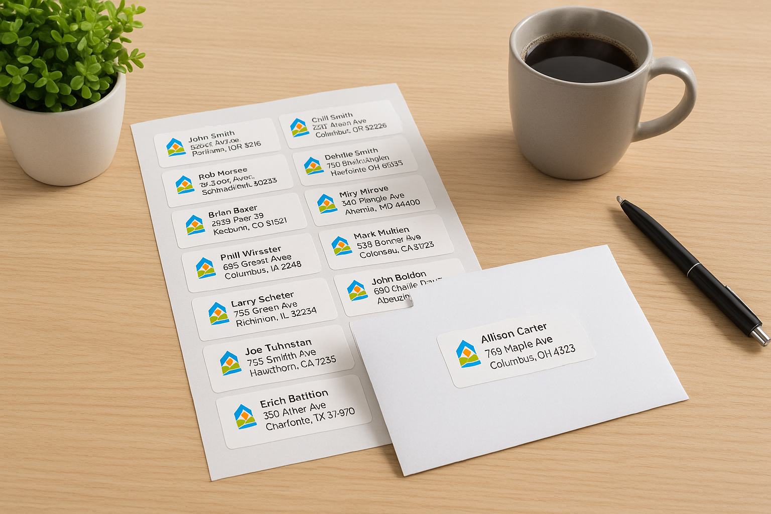 An A4 sheet with 14 labels per sheet, printed with an random address and a colourful logo, one of those labels on an envelope, on a table with a plant, a drink and a pen. 