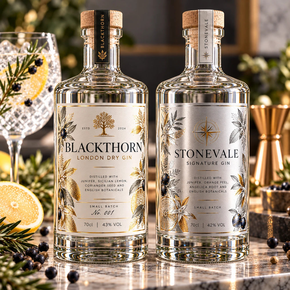 Metallic gold and silver labels on premium gin bottle packaging