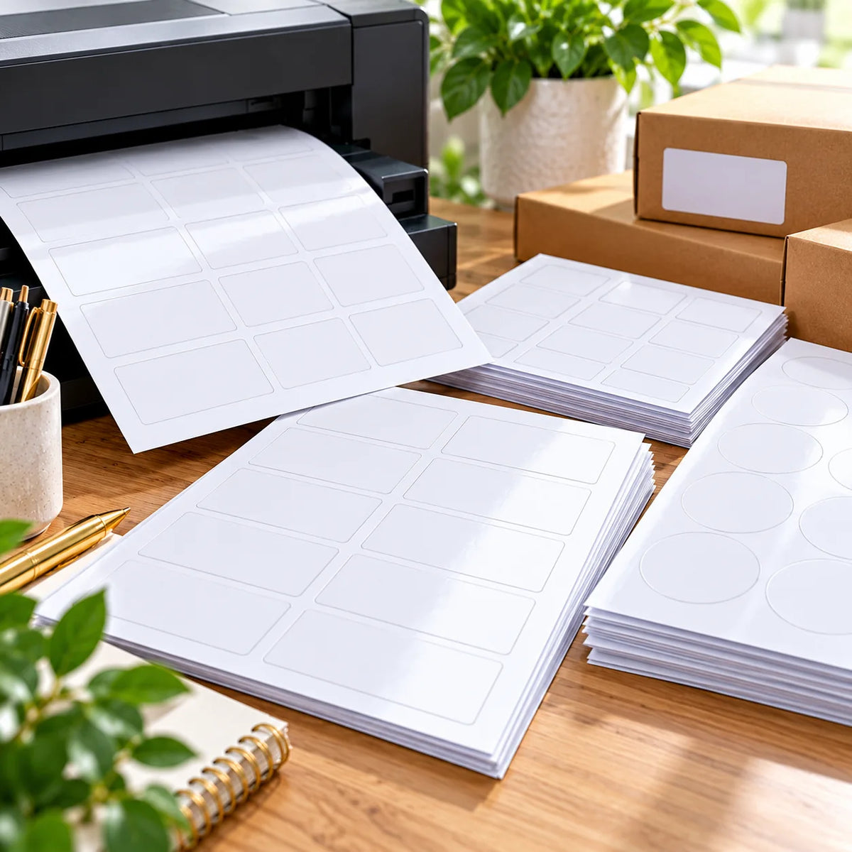 Blank white A4 self-adhesive label sheets for inkjet and laser printers, featuring rectangular and round labels alongside an office printer and packaging boxes.