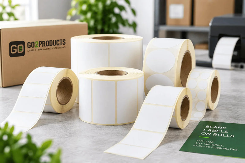 Blank labels on rolls in various sizes and shapes from Go2Products