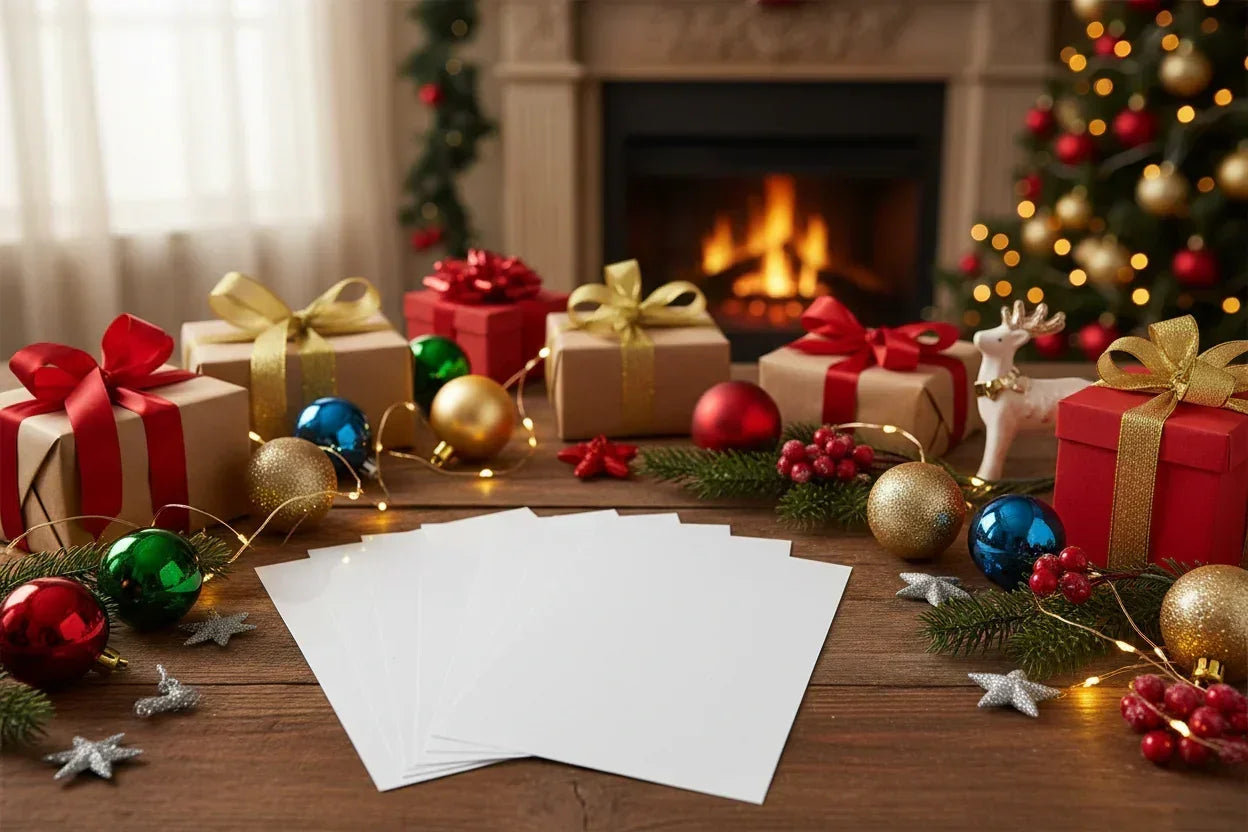 blank A4 labels on sheets with a festive background