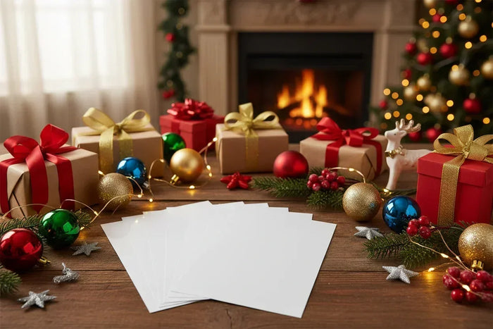 blank A4 labels on sheets with a festive background