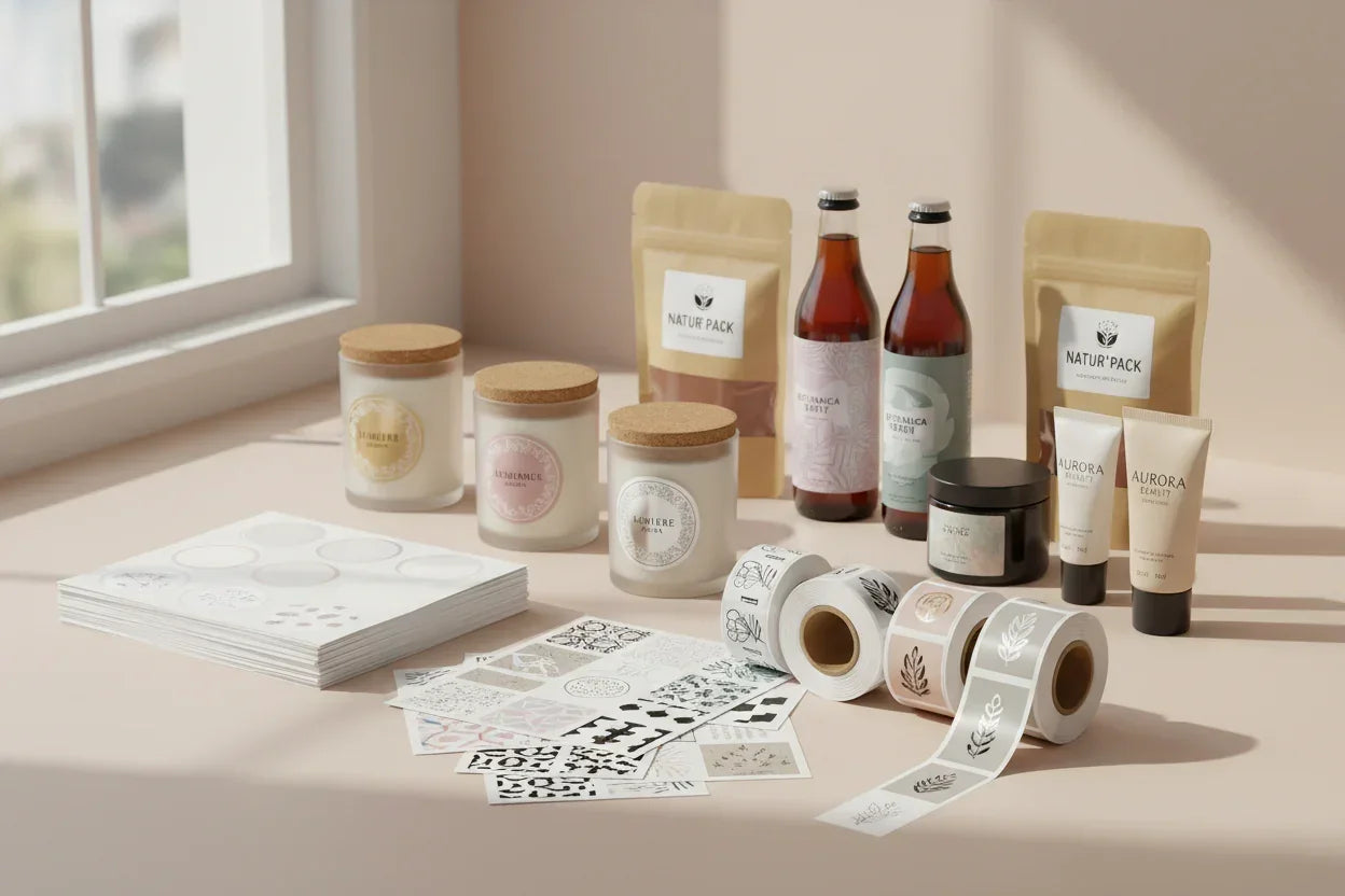 bottled drinks, cosmetics, blank and printed a4 labels, and printed pouches using our laser and inkjet compatible labels. 