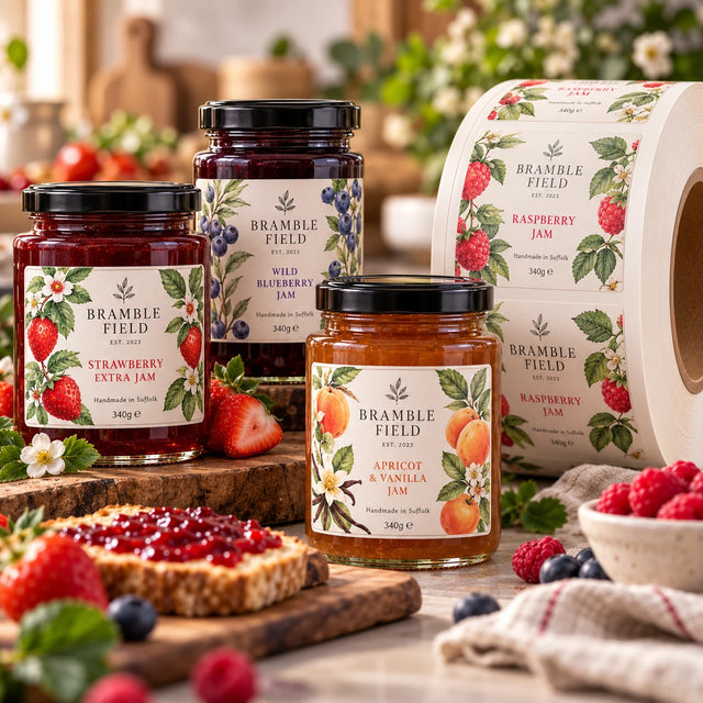 Premium custom printed jam jar labels on rolls, featuring Bramble Field strawberry, blueberry and apricot jam jars with elegant rectangular botanical labels, displayed alongside a matching roll of self-adhesive labels.