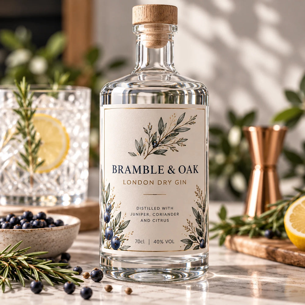 Matt white paper label on a premium gin bottle