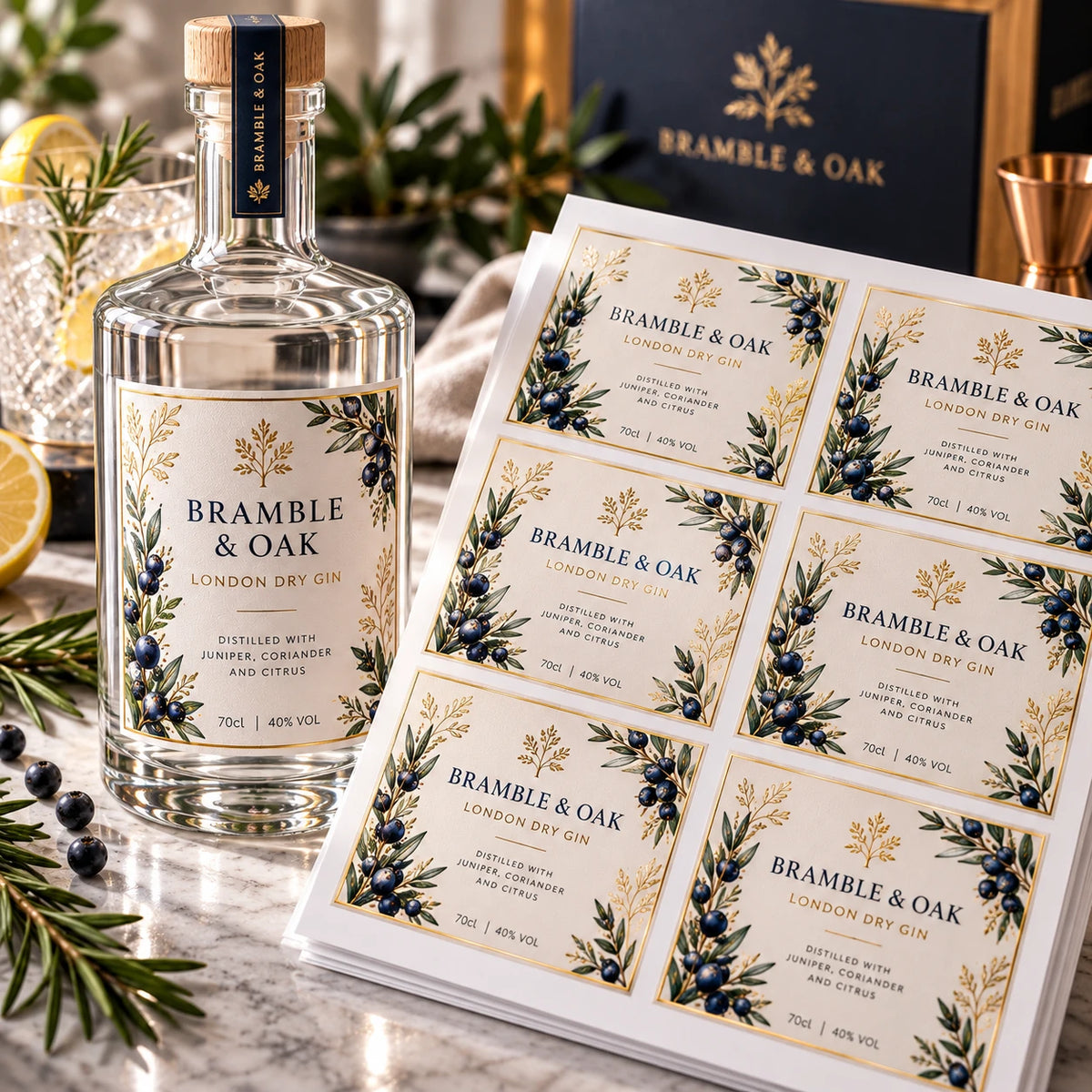 Professionally printed gin and spirits labels on sheets