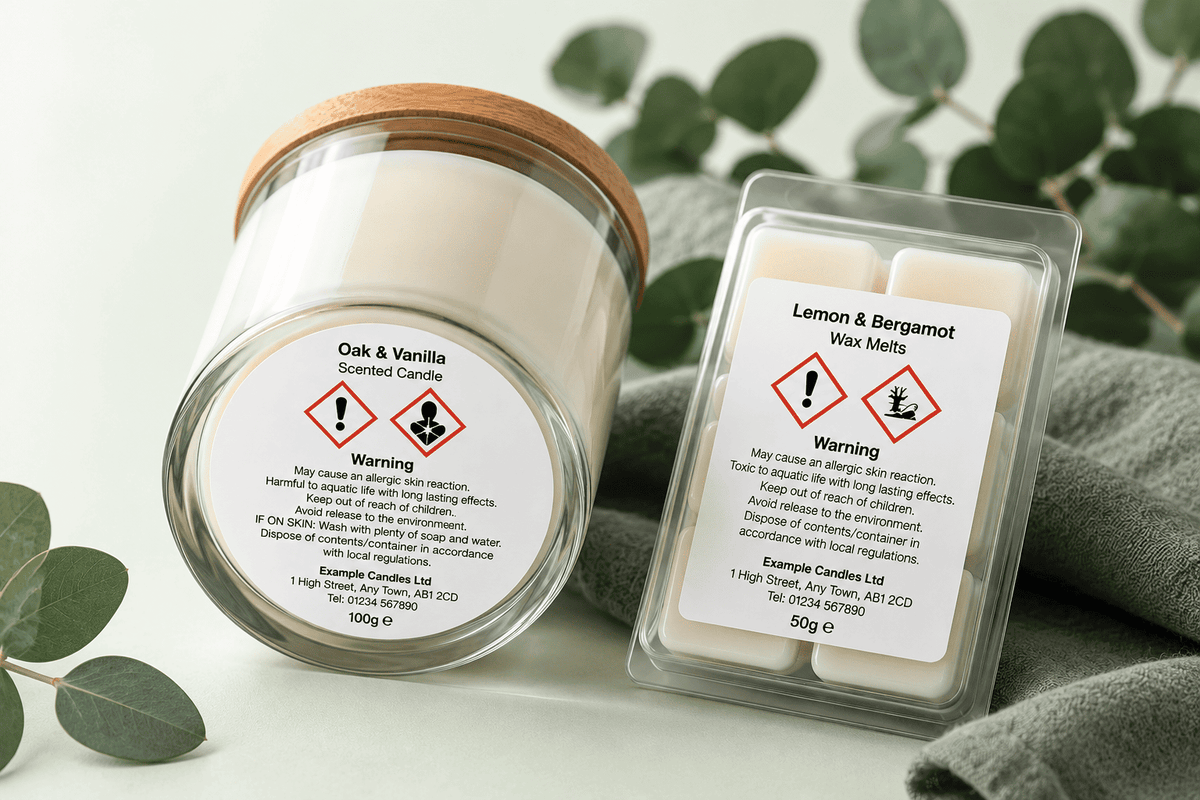 CLP labels on a candle jar and wax melt packaging