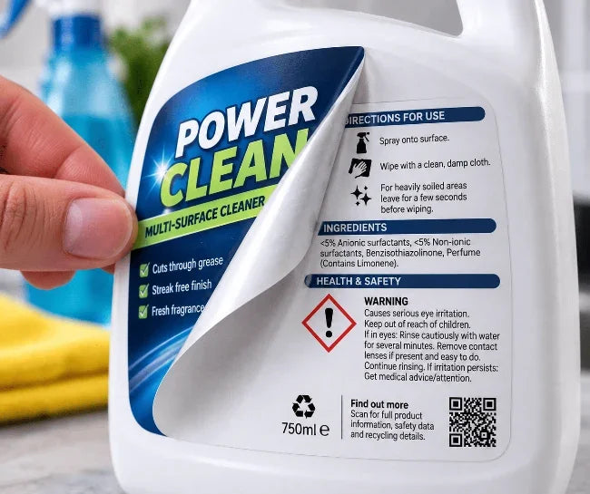Chemical product label with safety instructions hazard information and multiple printed panels