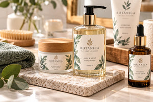 Premium printed cosmetic labels on skincare bottles, jars and serum packaging