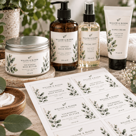 Custom printed cosmetic labels on sheets shown on skincare products