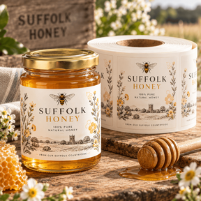 Custom printed honey labels on rolls shown on a Suffolk Honey jar