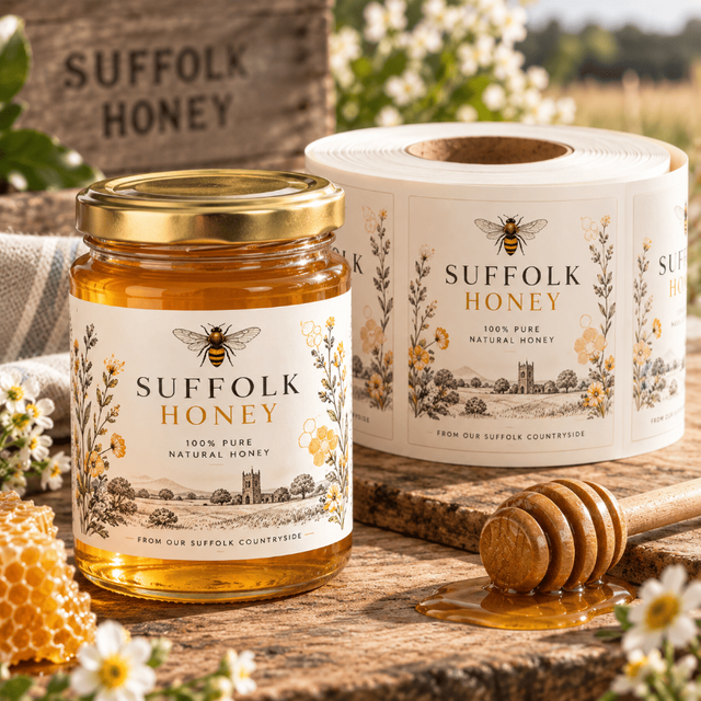 Custom printed honey labels on rolls shown on a Suffolk Honey jar