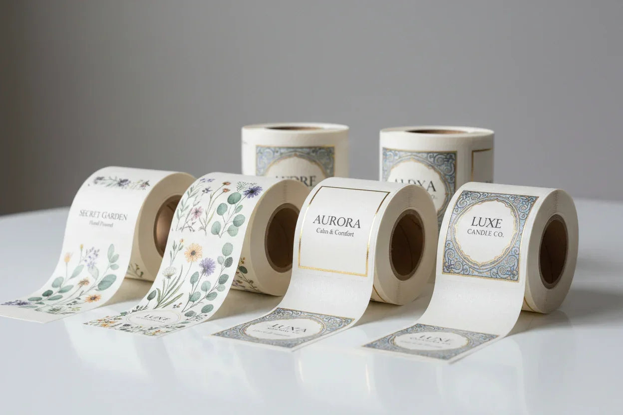custom printed candle labels on rolls produced by Go2products
