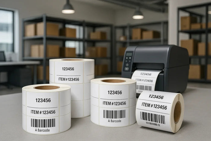 direct thermal labels for roll printers, office or warehouse background