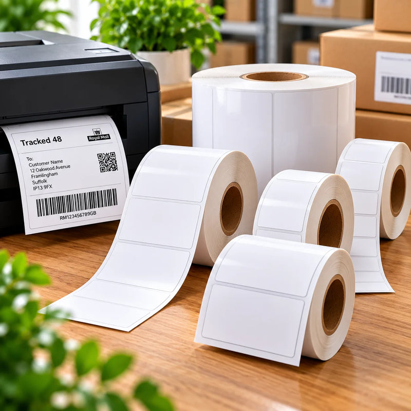 Blank white direct thermal labels on rolls in various sizes, alongside a thermal label printer producing shipping labels with barcodes for parcel dispatch.
