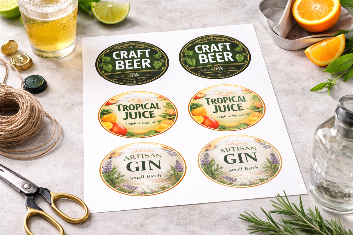A4 sheet of custom drinks labels for bottles and cans featuring craft beer, tropical juice and gin designs