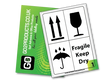 Fragile keep dry label with glass, arrows, and umbrella symbols for shipping and packaging