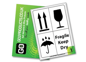 Fragile keep dry label with glass, arrows, and umbrella symbols for shipping and packaging