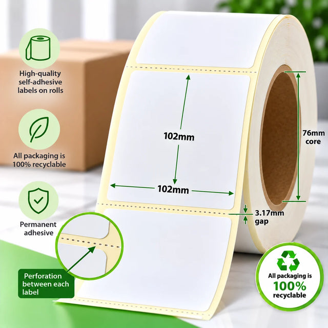 102mm x 102mm direct thermal labels on a roll with 76mm core, 3.17mm gap, perforation between each label and permanent adhesive.