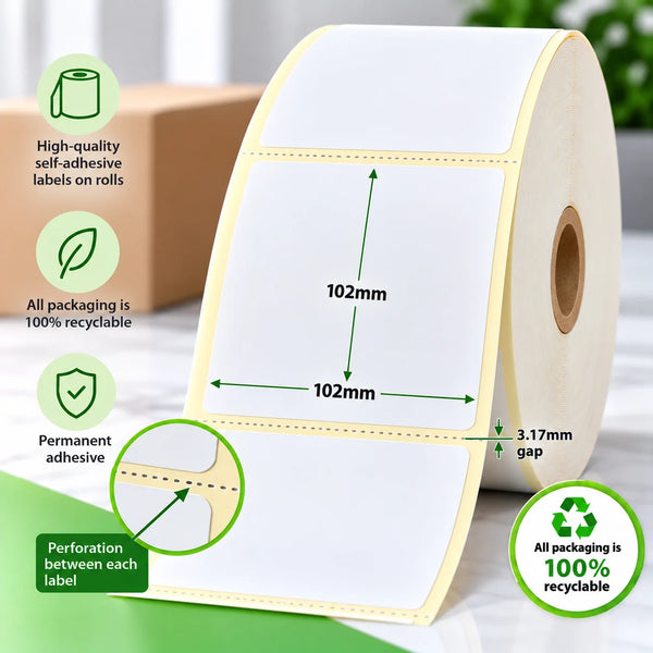 102mm x 102mm direct thermal labels on a roll with 3.17mm gap, perforation between each label and permanent adhesive.