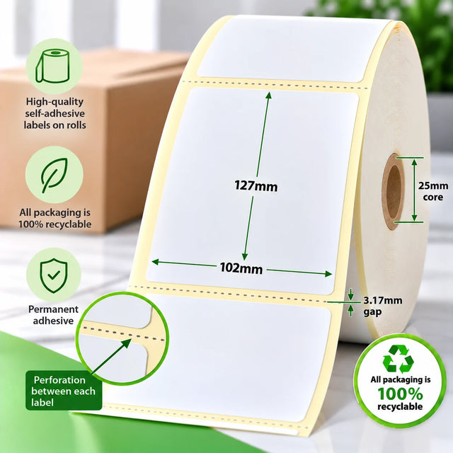 102mm x 127mm direct thermal labels on a roll with 25mm core, 3.17mm gap, perforation between each label and permanent adhesive.