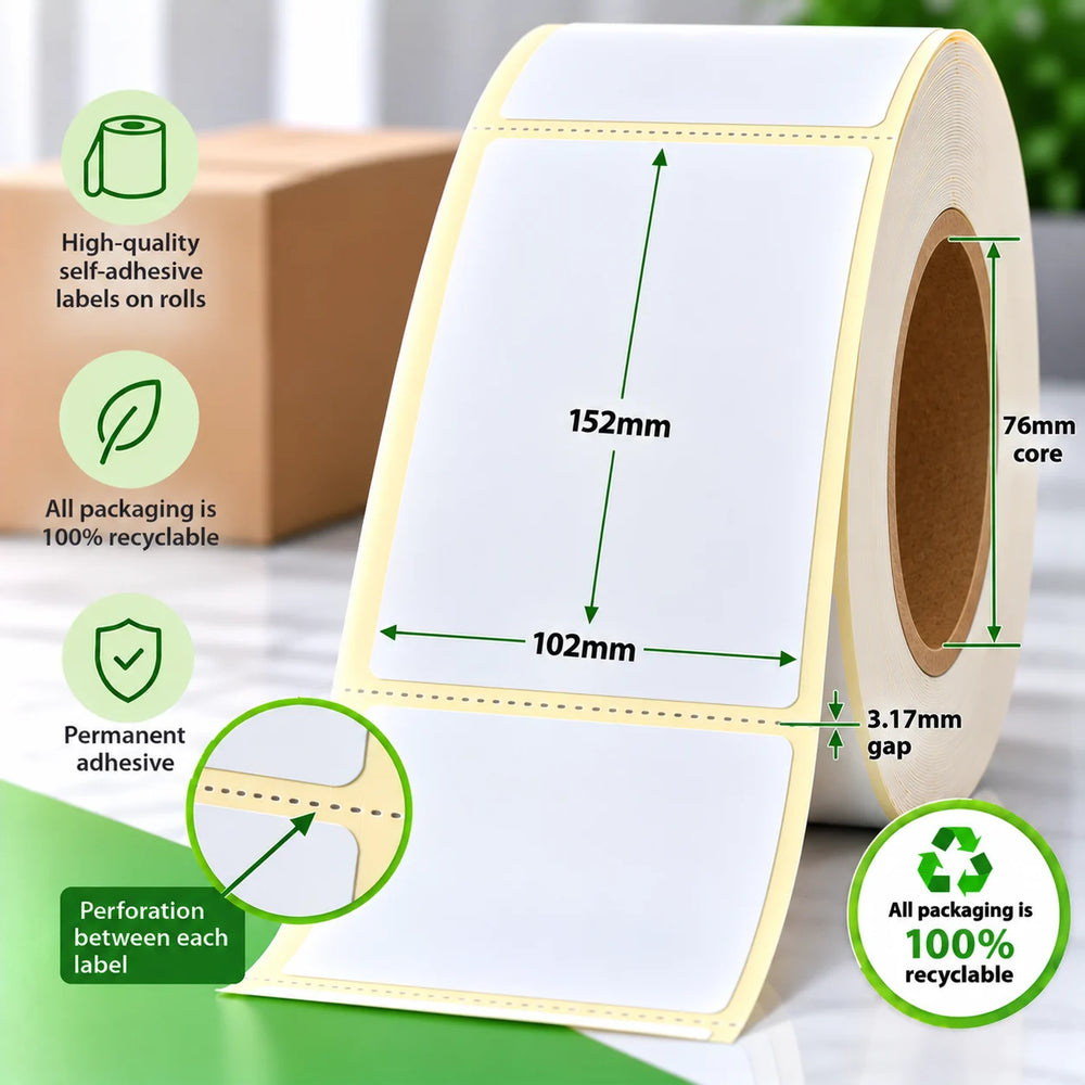 102mm x 152mm direct thermal labels on a roll with 76mm core, 3.17mm gap, perforation between each label and permanent adhesive.