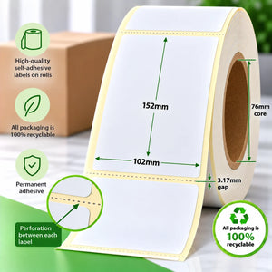 102mm x 152mm direct thermal labels on a roll with 76mm core, 3.17mm gap, perforation between each label and permanent adhesive.