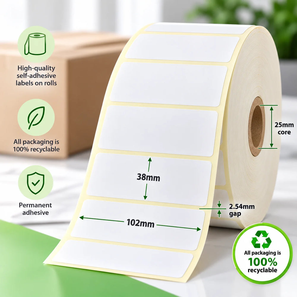 102mm x 38mm direct thermal labels on a roll with 25mm core, 2.54mm gap and permanent adhesive