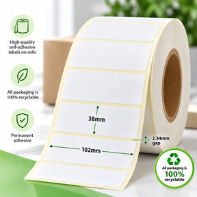 102mm x 38mm direct thermal labels on a roll with 2.54mm gap, permanent adhesive and recyclable packaging. 76mm core