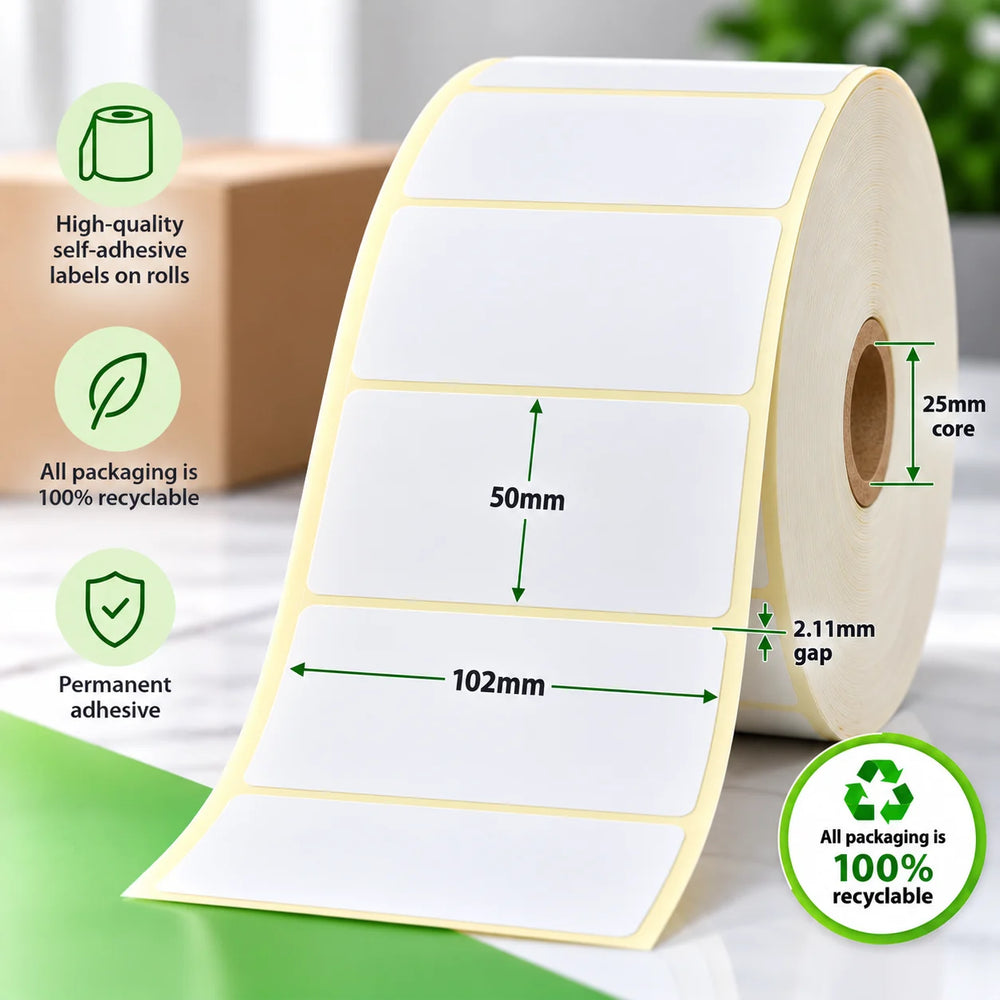 102mm x 50mm direct thermal labels on a roll with 25mm core, 2.11mm gap and permanent adhesive.