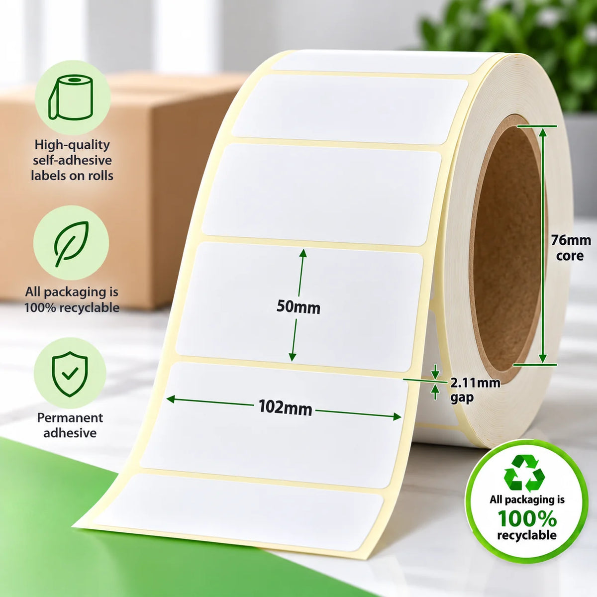 102mm x 50mm direct thermal labels on a roll with 76mm core, 2.11mm gap and permanent adhesive.