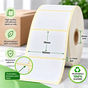 102mm x 76mm direct thermal labels on a roll with 25mm core, 3.17mm gap, perforation between each label and permanent adhesive.