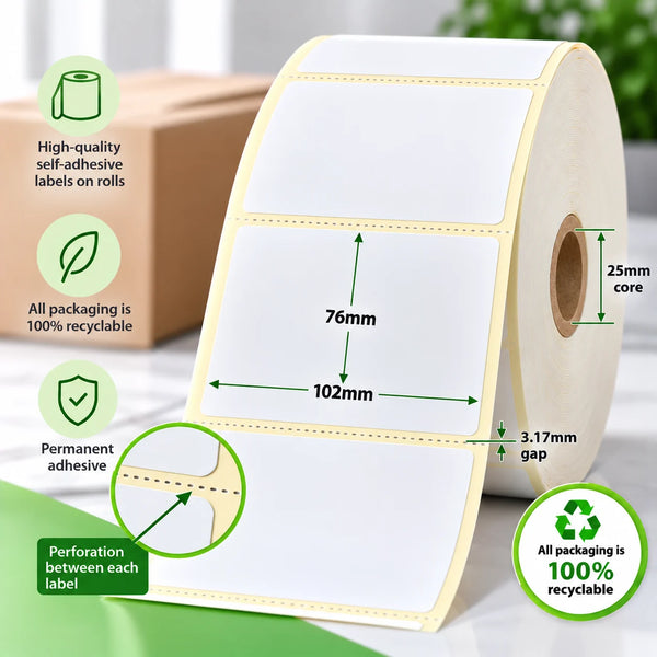 102mm x 76mm direct thermal labels on a roll with 25mm core, 3.17mm gap, perforation between each label and permanent adhesive.