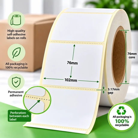 102mm x 76mm direct thermal labels on a roll with 76mm core, 3.17mm gap, perforation between each label and permanent adhesive.