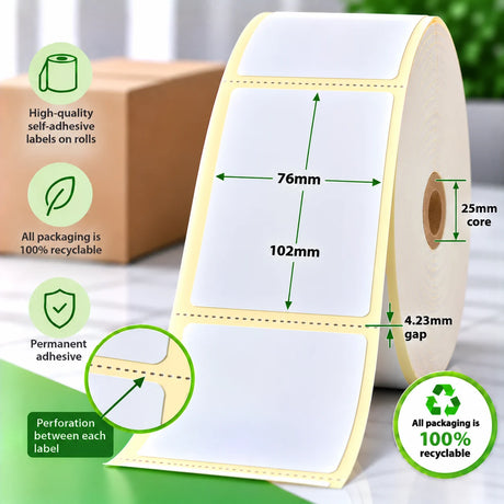 76mm x 102mm direct thermal labels on a roll with 25mm core, 4.23mm gap, perforation between each label and permanent adhesive.