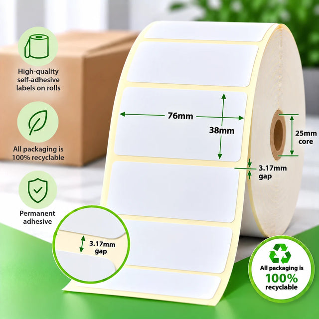 76mm x 38mm direct thermal labels on a roll with 25mm core, 3.17mm gap and permanent adhesive.