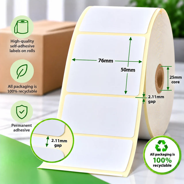 76mm x 50mm direct thermal labels on a roll with 25mm core, 2.11mm gap and permanent adhesive.