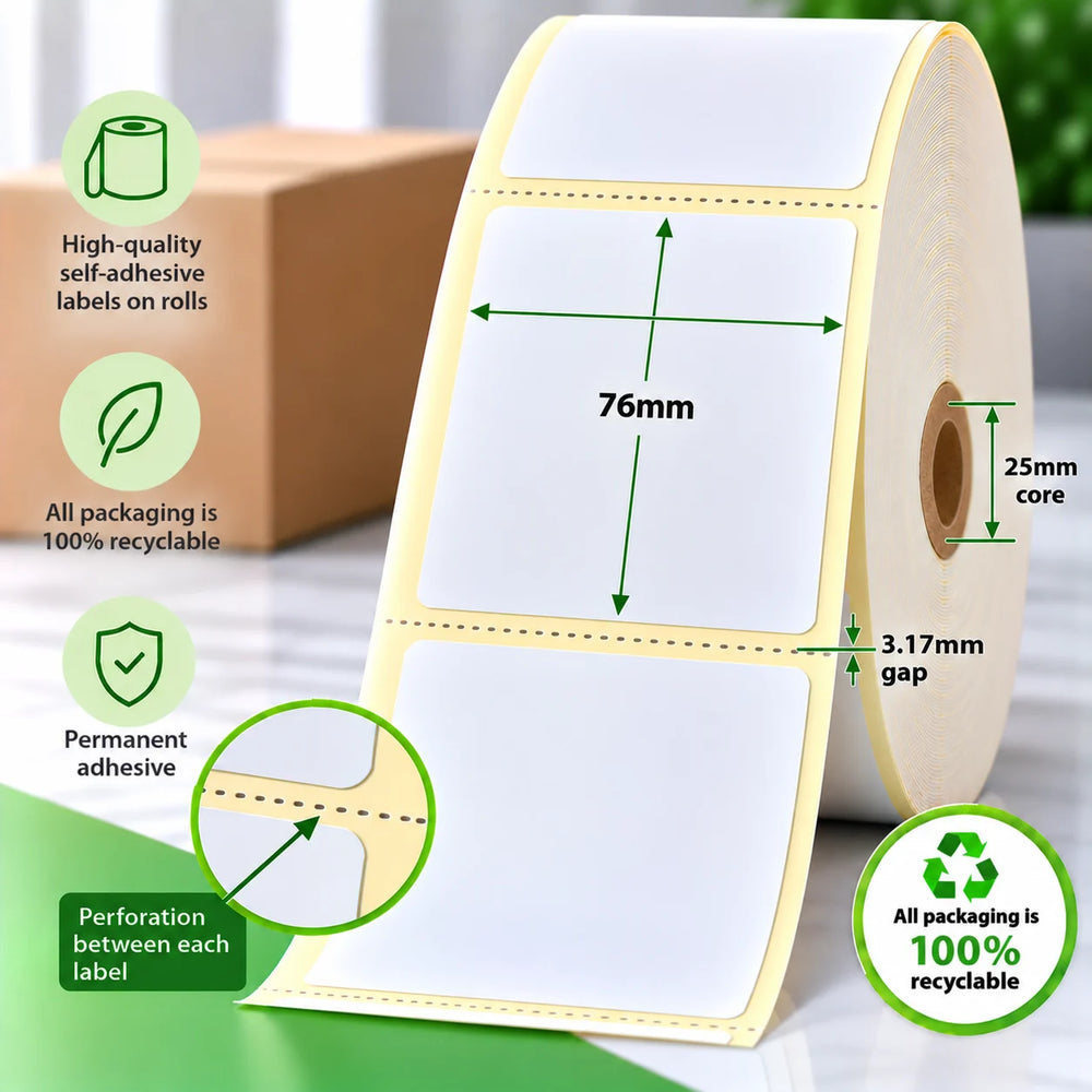 76mm x 76mm direct thermal labels on a roll with 25mm core, 3.17mm gap, perforation between each label and permanent adhesive.