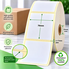 76mm x 76mm direct thermal labels on a roll with 25mm core, 3.17mm gap, perforation between each label and permanent adhesive.