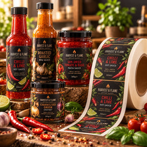 Premium custom printed sauce labels on rolls, featuring Harvest & Flame chilli sauce, roasted garlic BBQ sauce, tomato and basil pasta sauce, and caramelised onion chutney bottles and jars with matching black botanical labels.