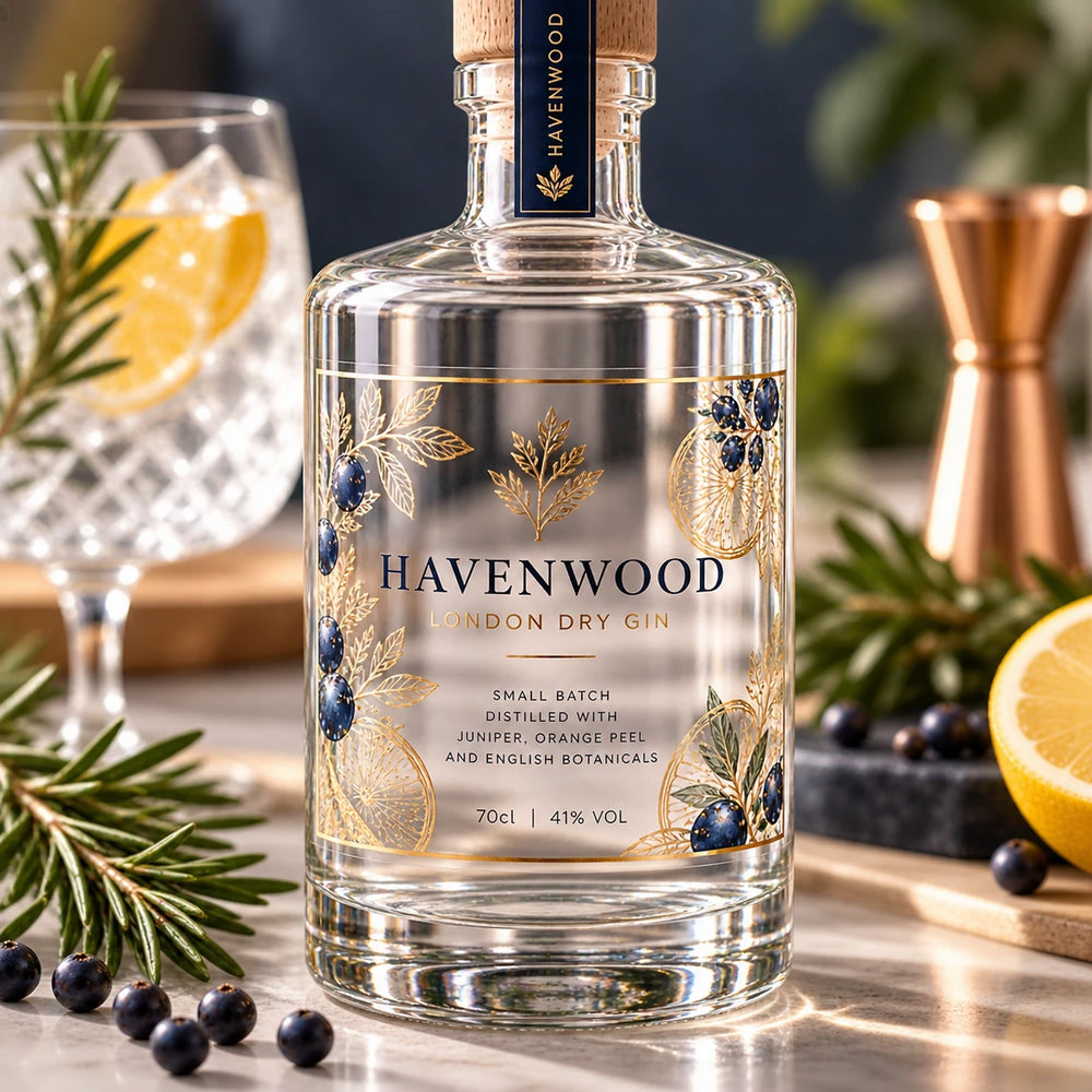 Transparent clear label on a premium gin bottle