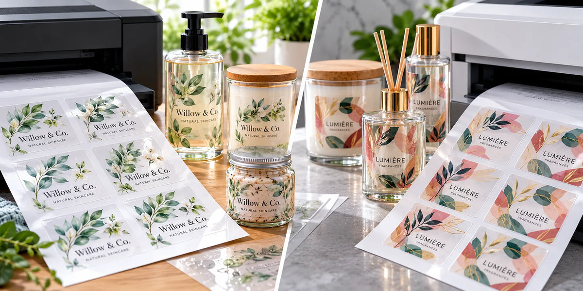 Inkjet and laser printers producing full-colour transparent A4 labels, with clear printed labels applied to skincare bottles, candles and glass jars.