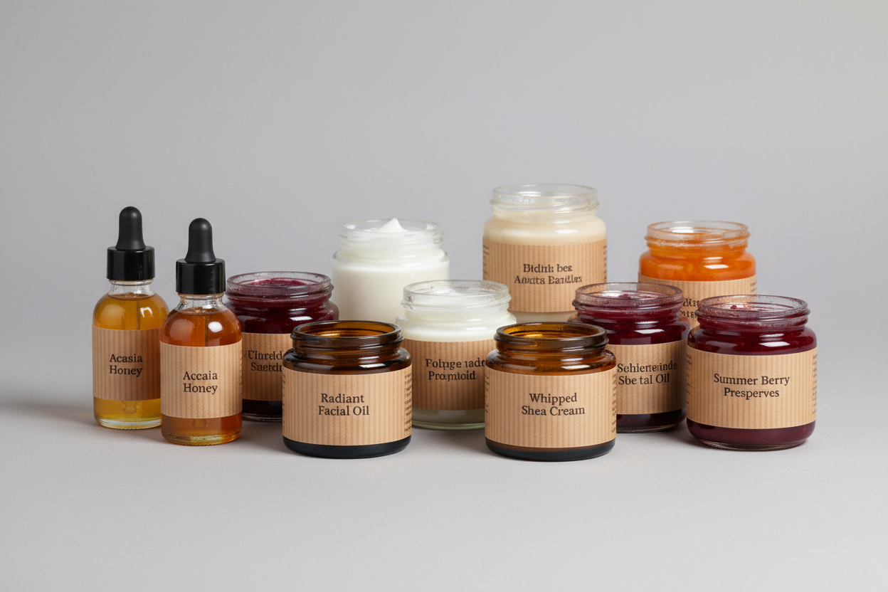 jars and bottles labelled using our brown kraft labels. 