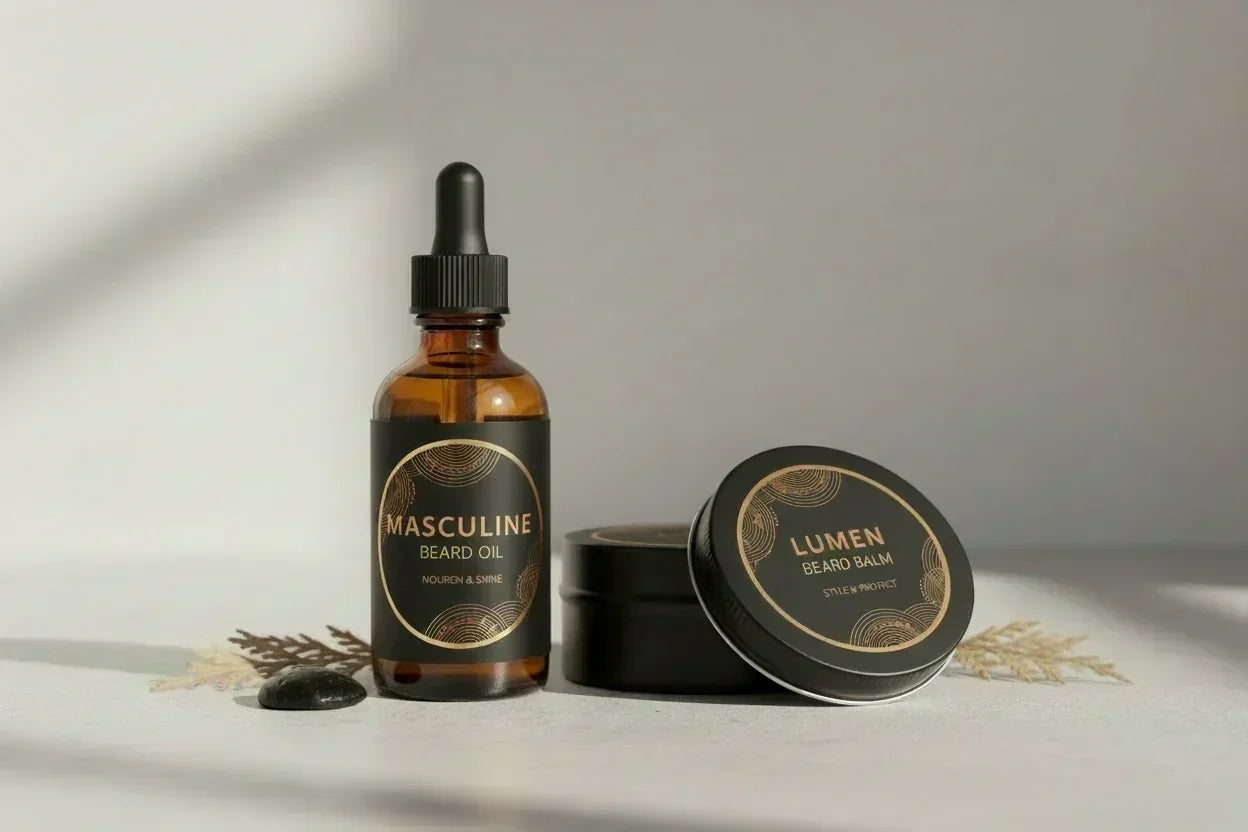 Lumen beard oil and beard balm displayed together, featuring black round labels with gold detailing on an amber dropper bottle and a metal tin.
