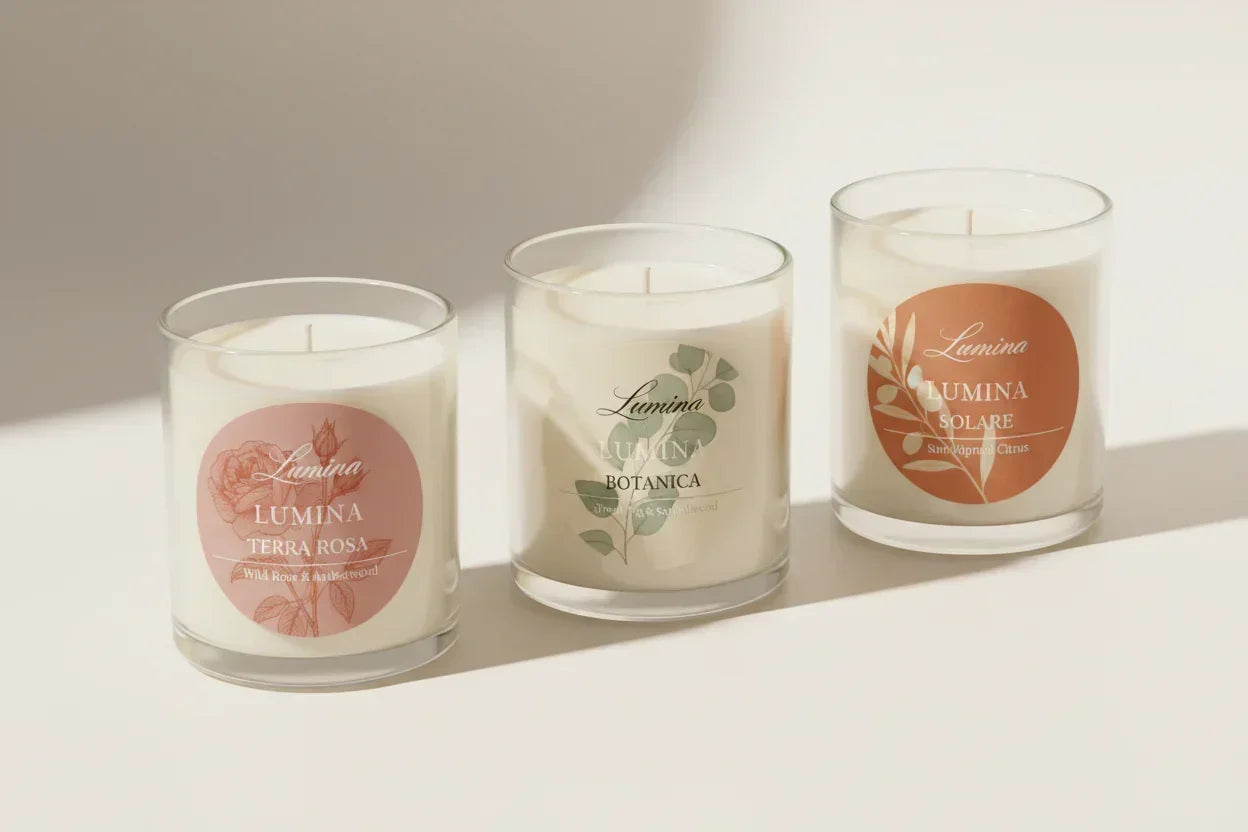 Three Lumina branded scented candles in glass jars, each with a round decorative label showing different fragrances