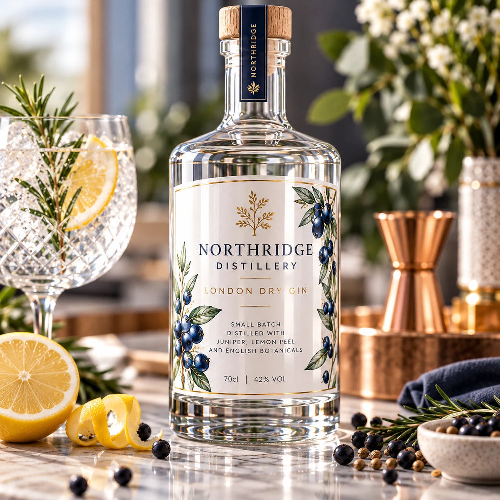 Gloss white label on a retail gin bottle