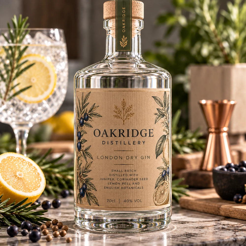 Brown kraft paper label on an artisan gin bottle
