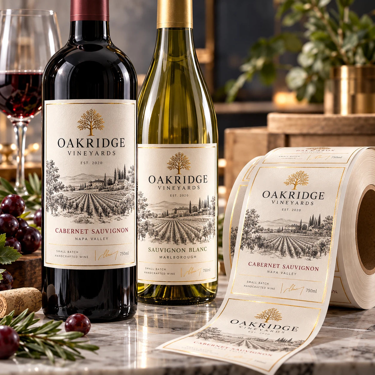 Premium custom printed wine bottle labels on rolls, featuring Oakridge Vineyards Cabernet Sauvignon and Sauvignon Blanc bottles with matching vineyard illustrations, elegant gold detailing and luxury branding.